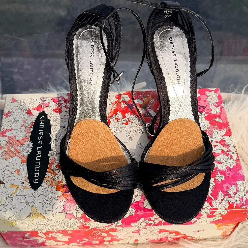 Chinese Laundry Willy Black Satin Strappy Heels Ankle Strap Stiletto Size 6